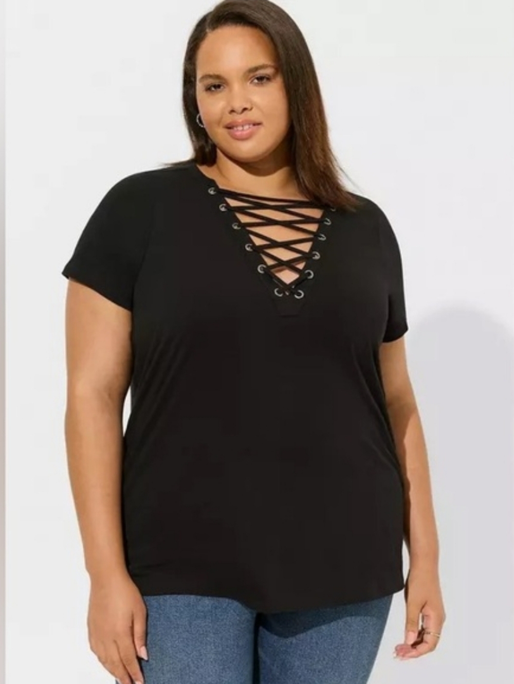 Torrid Black Lace-Up Grunge Top With Silver Grommet Detail